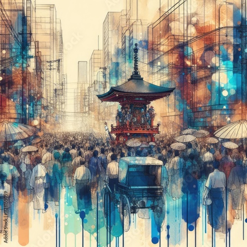 Traditional Japanese Festival Parade in Vibrant Abstract Watercolor Style with Generative AI.