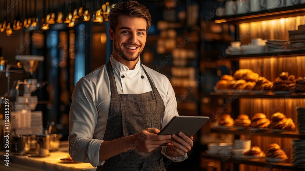 A cheerful chef holding a tablet in a cozy bakery, surrounded by freshly baked pastries, conveying warmth and professionalism. A cheerful chef holding a tablet in a cozy bakery, surrounded by freshly baked pastries, conveying warmth and professionalism.