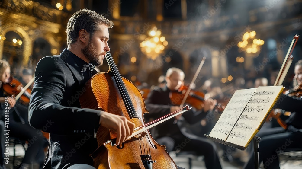 Fototapeta premium A skilled musician performs with dedication in a grand orchestral setting, showcasing the beauty of classical music.