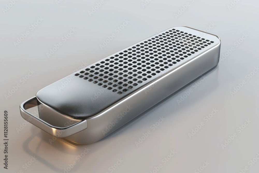 Stainless steel grater with fine perforations on a smooth surface, ideal for kitchen use Stainless steel grater with fine perforations on a smooth surface, ideal for kitchen use