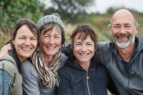 Group of happy senior friends on a walk in the countryside, outdoors