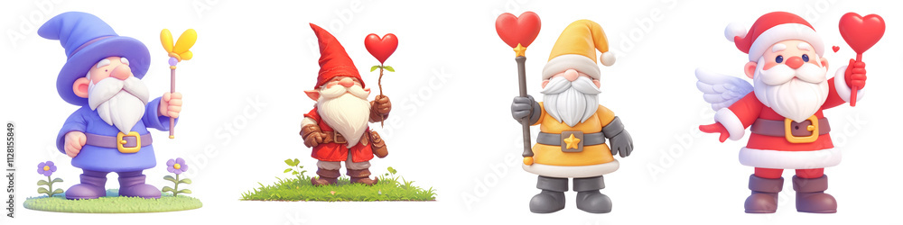Naklejka premium Gnome and Cupid Wings concept on transportation background. Four colorful gnomes and a Santa, each holding hearts, set against a white background.