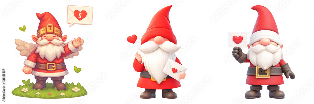Fototapeta premium Gnome and Cupid Wings concept on transportation background. Three cheerful gnomes holding heart-themed signs in a whimsical style.