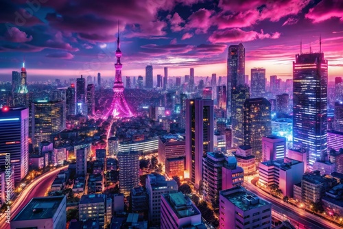 Wallpaper Mural tokyo city skyline illuminated at night showcasing an animeinspired drawing with vibrant magenta and purple neon lights embodying the bustling energy of the metropolis Torontodigital.ca
