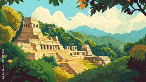 Cartoon of the Mayan Ruins of Palenque Chiapas in Mexico