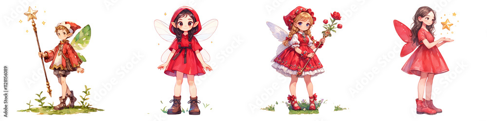 Gnome and Cupid Wings concept on transportation background. Four whimsical fairy characters in red outfits with wings and magical accessories. Gnome and Cupid Wings concept on transportation background. Four whimsical fairy characters in red outfits with wings and magical accessories.