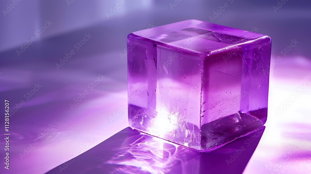 A bright purple cube casting reflections on a light surface below A bright purple cube casting reflections on a light surface below