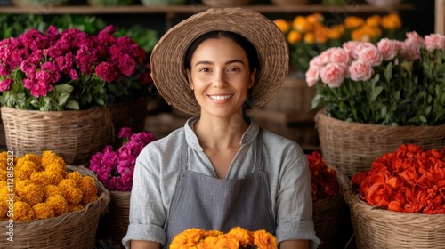 Portrait of a woman surrounded by colorful baskets filled with vibrant flowers in a rustic small town flower shop preparing Valentine s Day gifts and floral arrangements for customers photo