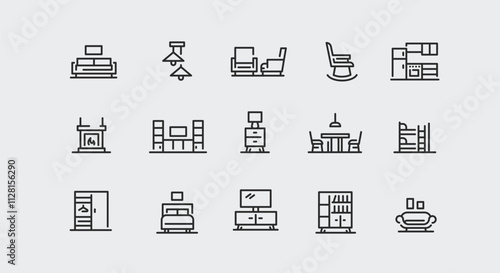 Furniture icons set. Collection of 15 minimalist trendy furniture icons, including a desk, chair, bookcase, bed, and more, suitable for web page graphics, mobile app interfaces. Vector illustration.