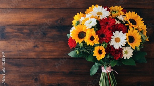 Colorful bouquet of cheerful sunflowers and vibrant red carnations artfully arranged in a vase adorning a rustic wooden table setting for a lively Valentine s Day dinner photo