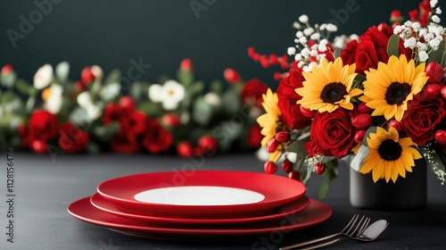 Wallpaper Mural Beautifully arranged sunflowers and red carnations in a vase adorn a rustic wooden dining table creating a lively and romantic atmosphere perfect for a Valentine s Day dinner Torontodigital.ca