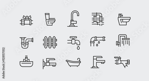 Plumbing icons. Set of 15 plumbing trendy minimal icons. Pipe, Faucet, Tap, Toilet, Shower, Wrench, Valve, Sink icon. Design signs for web page, mobile app, home services. Vector illustration.