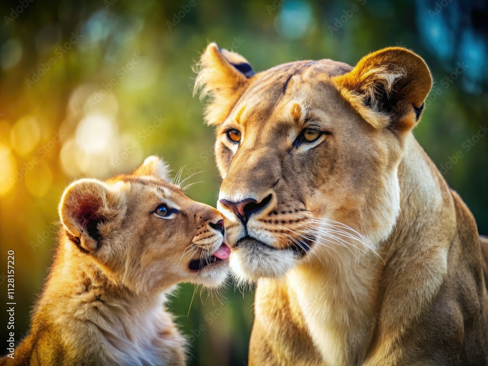 Obraz premium Soft focus highlights a lioness's gentle affection for her vulnerable cub.