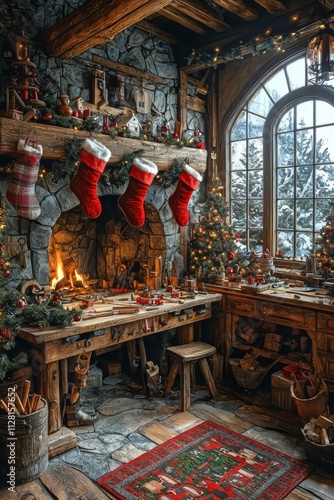Santa’s workshop with a workbench full of half-finished toys. The background shows a large fireplace and stockings hanging, Generative AI