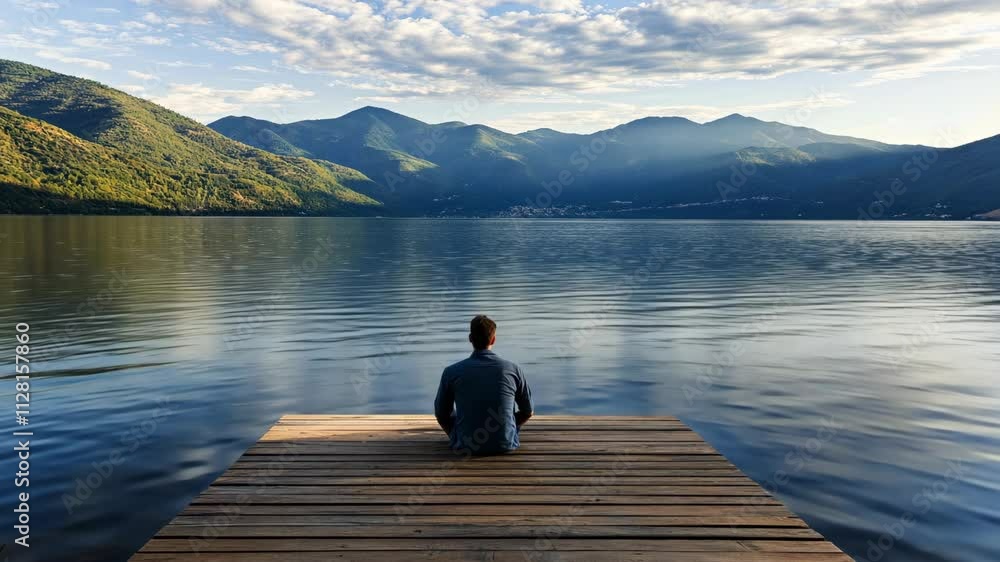 Individual sitting on a wooden dock overlooking a tranquil lake surrounded by mountains in the late afternoon Individual sitting on a wooden dock overlooking a tranquil lake surrounded by mountains in the late afternoon