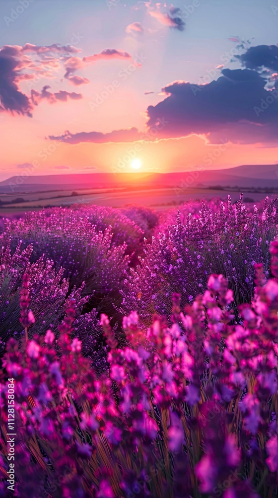 Obraz premium Breathtaking Sunset Over a Lavender Field in Full Bloom