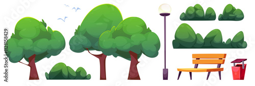City public park elements collection - lush green trees with brown trunks, bushes, street lamp post, wooden bench and red trash bin. Nature objects and furniture for urban landscape composition