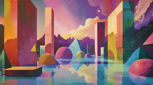 An abstract arrangement of colorful shapes, including ellipsoids and pyramids, drifting in a tranquil environment