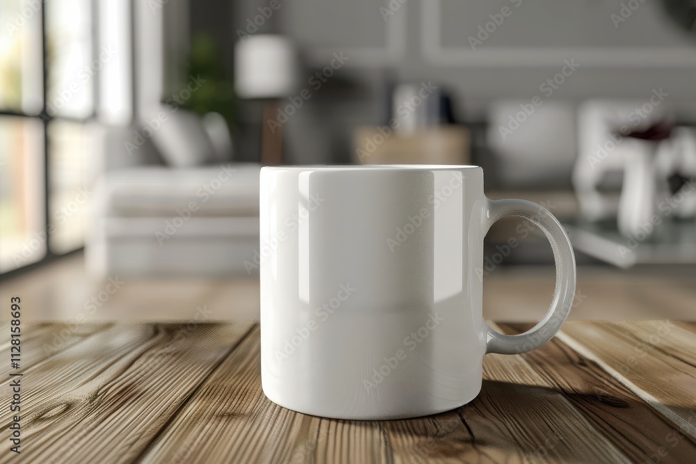 A blank white mug on a wooden table in a cozy living room during the day A blank white mug on a wooden table in a cozy living room during the day