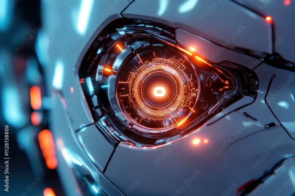 Close-up of a futuristic robot eye with glowing orange and blue lights. Close-up of a futuristic robot eye with glowing orange and blue lights.