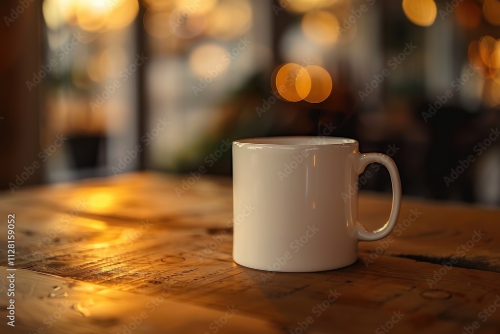 Obraz premium A white coffee cup sits on a wooden table in a cozy café with soft, warm lights in the background