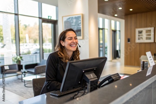 Smiling receptionist welcoming visitors at a modern company lobby