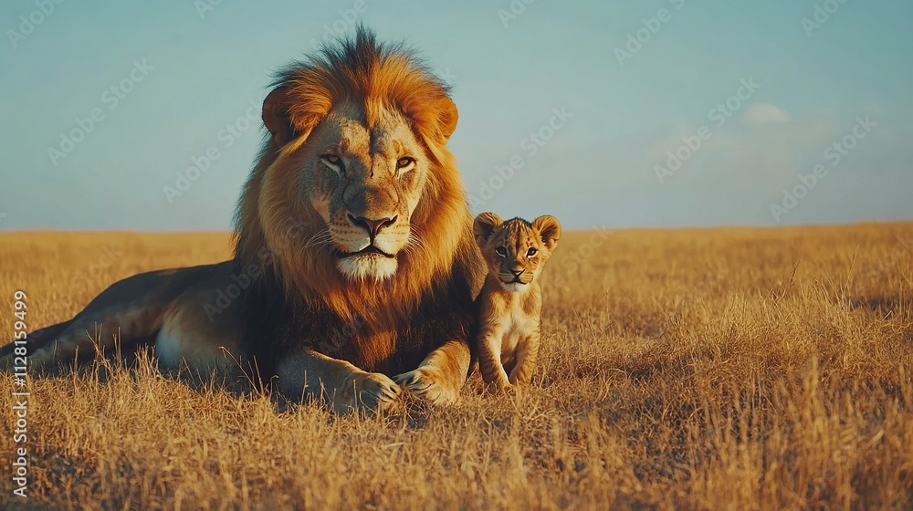 Fototapeta premium Father and baby lion horizontal portrait with the male lion lying on yellow dry grass and the lion cub standing closely next to him.