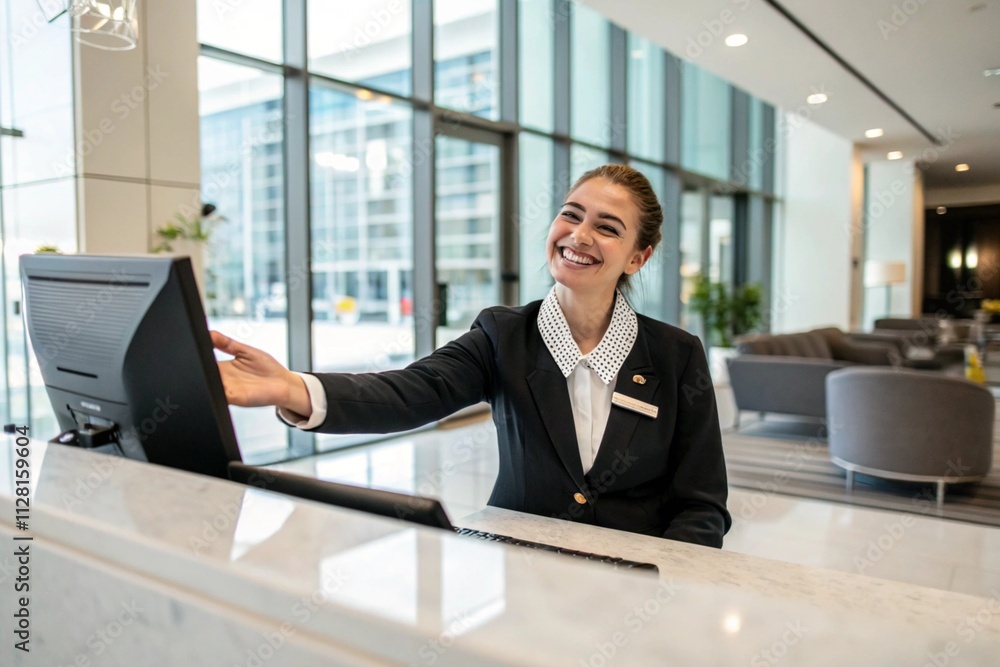 Smiling receptionist welcoming visitors at a modern company lobby Smiling receptionist welcoming visitors at a modern company lobby