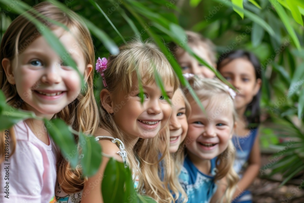 Group of happy children having fun in the garden. Selective focus. Group of happy children having fun in the garden. Selective focus.