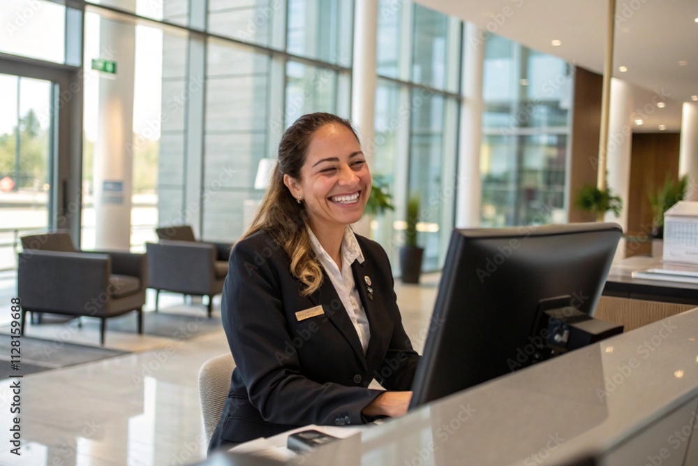Smiling receptionist welcoming visitors at a modern company lobby Smiling receptionist welcoming visitors at a modern company lobby