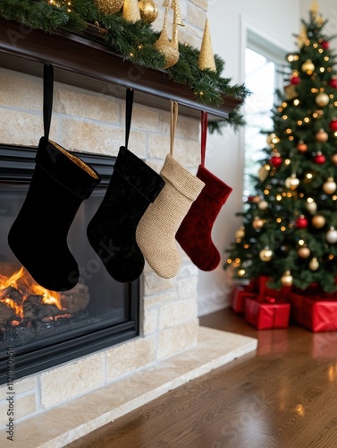Holiday cheer festive stockings hanging by the fireplace cozy living room christmas decor warm ambiance close-up view nostalgia