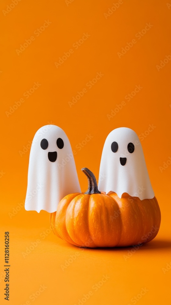 3D rendering Halloween ghosts with funny pumpkins on an orange background. Happy halloween holiday concept 3D rendering Halloween ghosts with funny pumpkins on an orange background. Happy halloween holiday concept