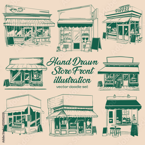Collection of hand-drawn storefronts.