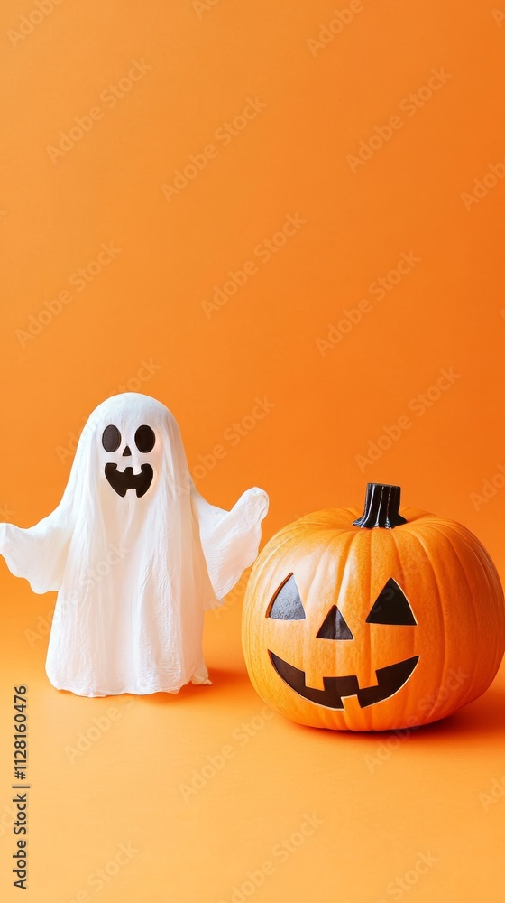 3D rendering Halloween ghosts with funny pumpkins on an orange background. Happy halloween holiday concept 3D rendering Halloween ghosts with funny pumpkins on an orange background. Happy halloween holiday concept