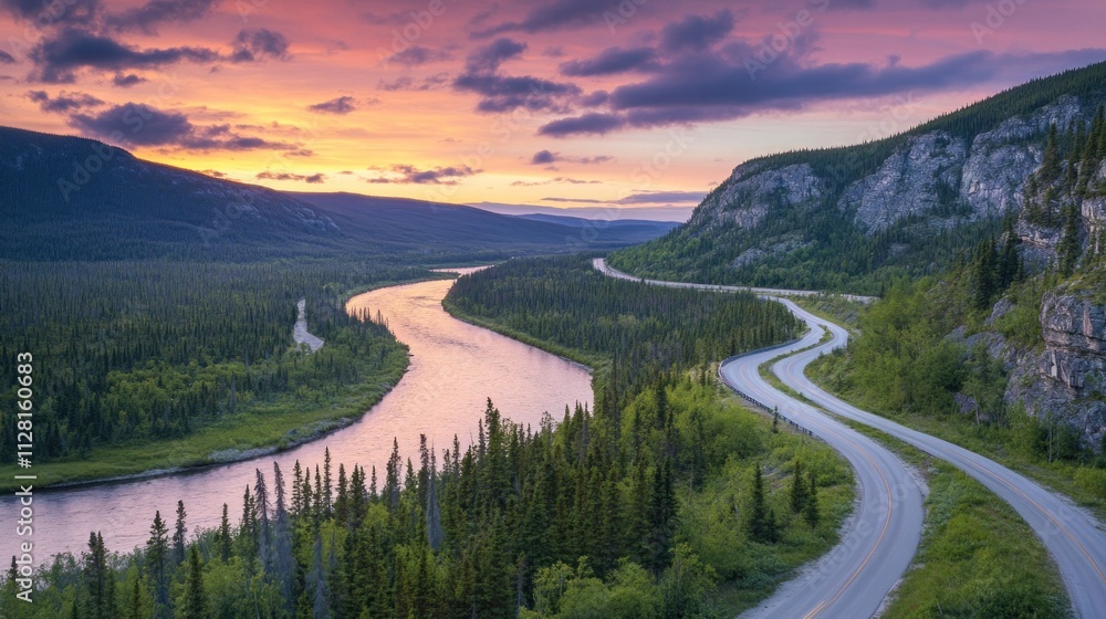 Obraz premium Highway with winding curves along a scenic river, forested landscape, gentle sunset colors,