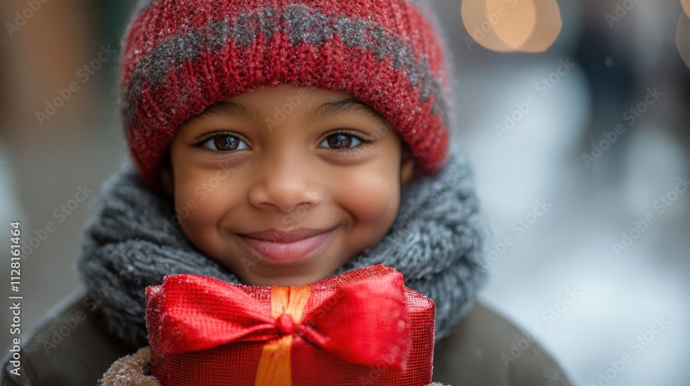 Happy child holding a beautifully wrapped present in a winter wonderland on a snowy day filled with joy and cheer Happy child holding a beautifully wrapped present in a winter wonderland on a snowy day filled with joy and cheer