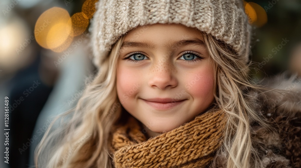 Bright smile of a young girl in cozy winter attire enjoying the holiday spirit during a festive outdoor celebration at dusk Bright smile of a young girl in cozy winter attire enjoying the holiday spirit during a festive outdoor celebration at dusk