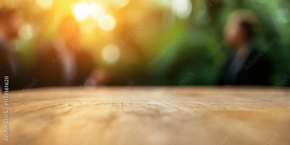 Obraz premium A blurred image of a business meeting captures the essence of professional discussions around a wooden table, emphasizing collaboration and shared ideas in a dynamic environment.