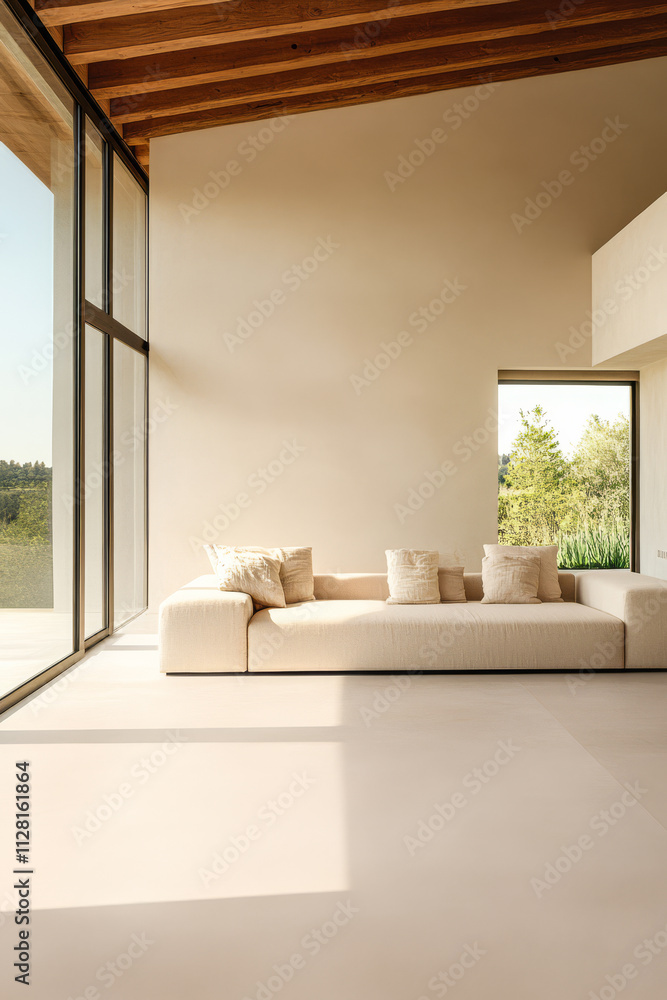Modern living space with large windows and natural light in a tranquil setting Modern living space with large windows and natural light in a tranquil setting