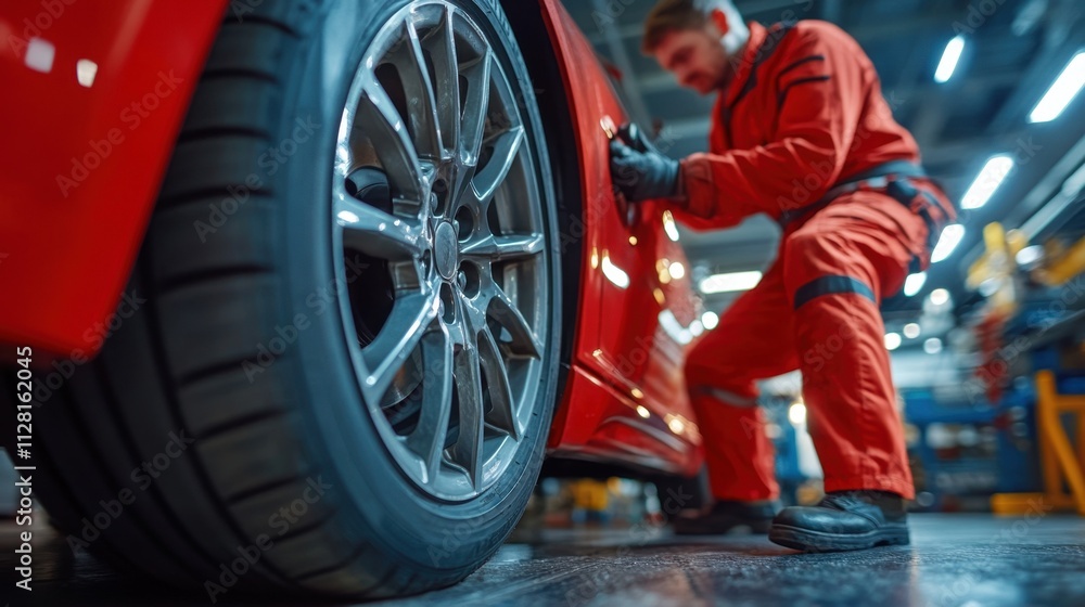 Skilled mechanic performs tire inspection on a shiny red car in an auto shop during bright daylight hours Skilled mechanic performs tire inspection on a shiny red car in an auto shop during bright daylight hours