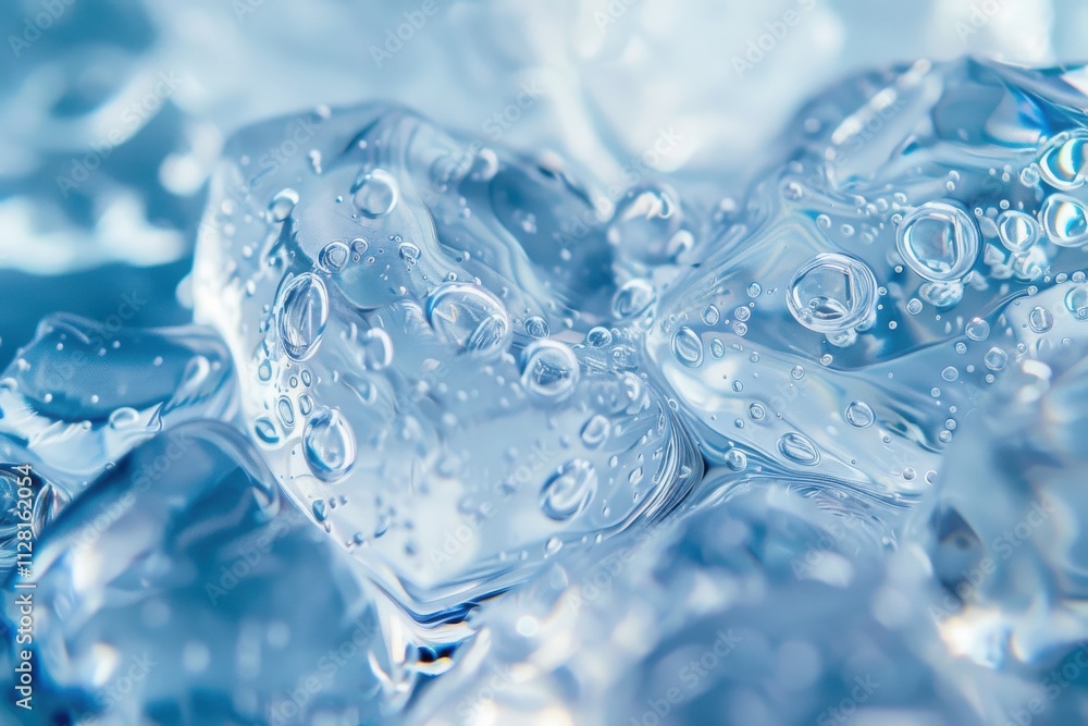 Close-up view of ice cubes with trapped air bubbles reflecting light against a blue background Close-up view of ice cubes with trapped air bubbles reflecting light against a blue background