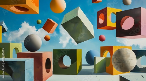 An abstract arrangement of colorful shapes, including cubes and ellipsoids, suspended in mid-air against a serene environment