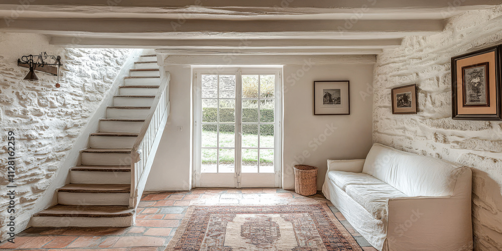 Cozy living space with a staircase and natural light in a charming home Cozy living space with a staircase and natural light in a charming home
