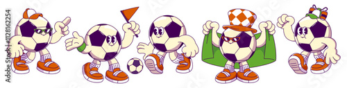 Retro soccer ball character mascot in different poses with red sneakers and sport accessories - baseball cap, sunglasses, flag, supporter scarf, checkered hat. Athletic design for vintage game promo.