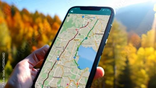 Wallpaper Mural First person view of a hiker using smartphone's GPS app in autumn mountain forest travel. The smartphone GPS helps the hiker discover hidden paths in the autumn woods. Torontodigital.ca
