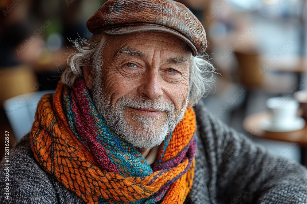 Elderly man enjoying coffee: captivating portrait of a senior in cozy scarf and hat Elderly man enjoying coffee: captivating portrait of a senior in cozy scarf and hat