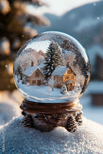 A snow globe with a quiet village covered in snow. Small houses and trees are surrounded by a snowy atmosphere, Generative AI photo