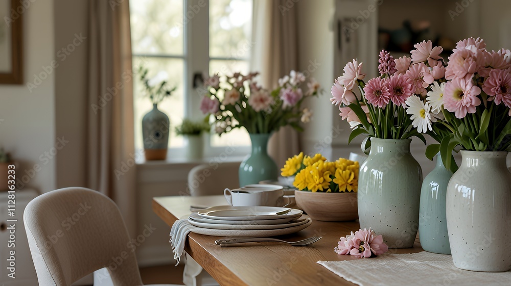 Dining room table with vases of colorful flowers, plates, and a light-colored chair