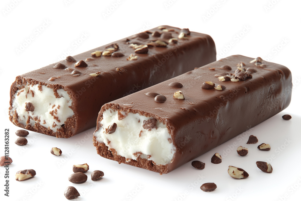 Chocolate covered ice cream bars topped with chocolate chips and nuts are laying on a white background Chocolate covered ice cream bars topped with chocolate chips and nuts are laying on a white background