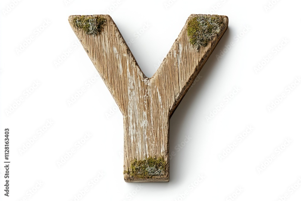 Fototapeta premium Bold rustic wooden capital letter Y, aged oak wood, moss growing in crevices, white background